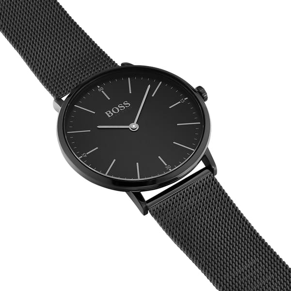 Hugo Boss Horizon watch on mesh strap, angled view showing black dial and case