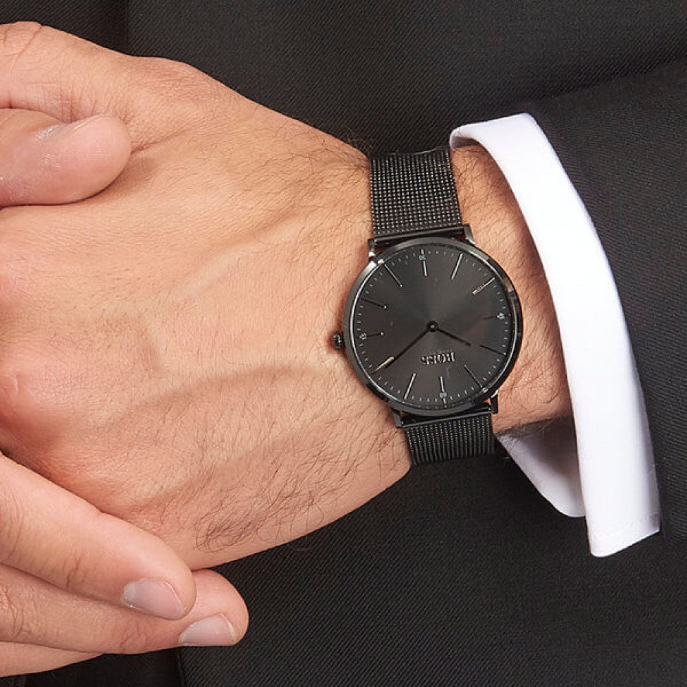 Hugo Boss Horizon black watch worn on wrist with mesh strap