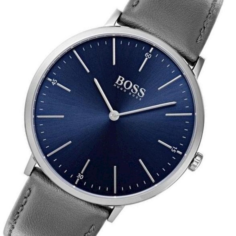 Hugo Boss Horizon watch angled view showing blue dial and gray leather strap detail