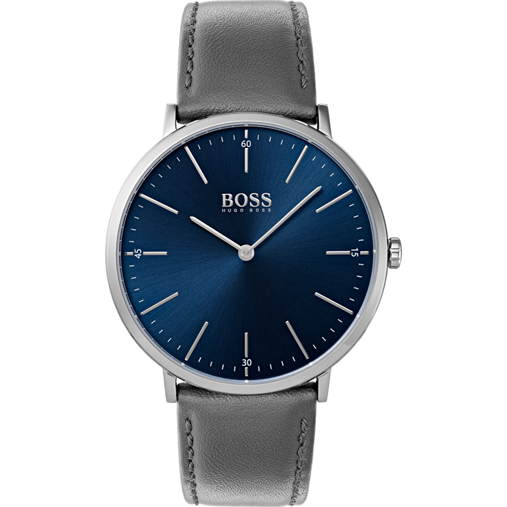 Hugo Boss Horizon blue dial men's watch with silver case and gray leather strap