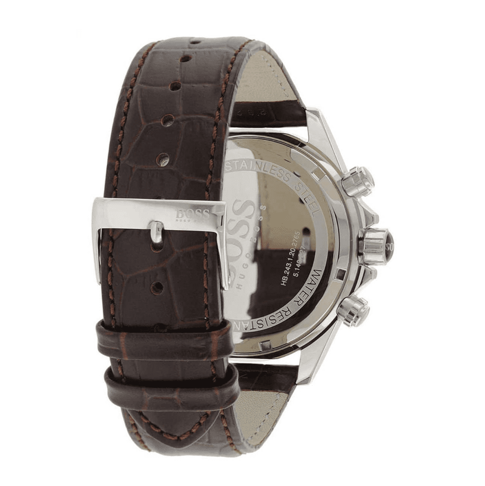 Hugo Boss Ikon chronograph watch case back showing transparent exhibition caseback
