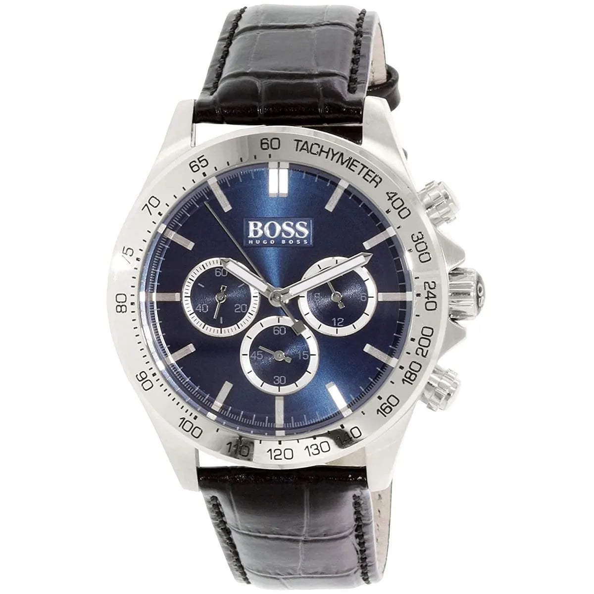 Hugo Boss Ikon chronograph watch at angle showing blue dial with white subdials and black leather strap