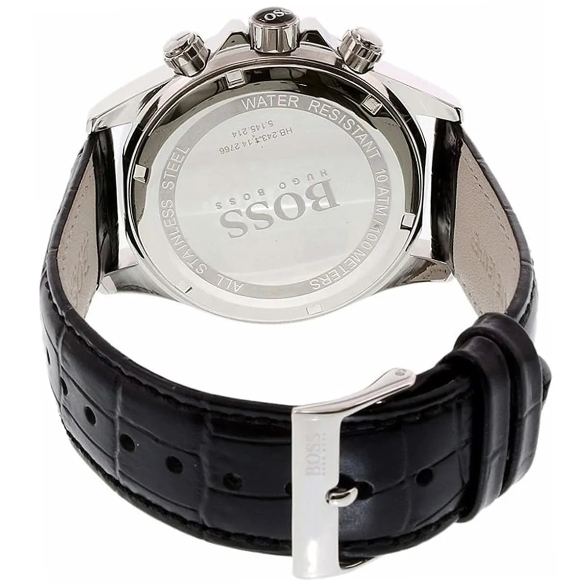 Hugo Boss Ikon caseback showing water resistance markings and stainless steel case with black leather strap