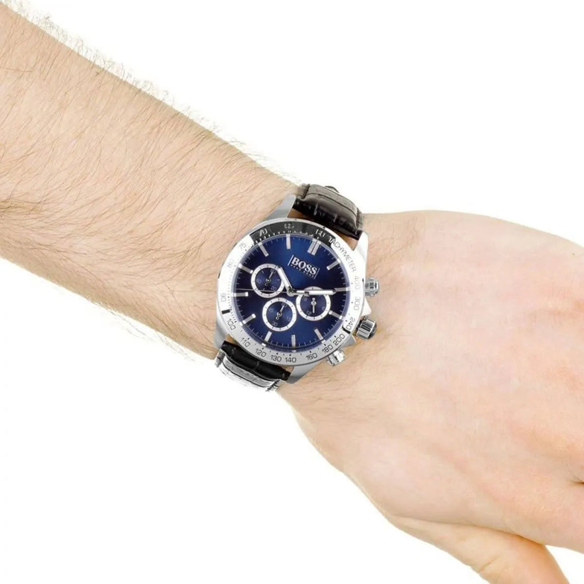 Hugo Boss Ikon blue dial chronograph watch on wrist with black leather strap