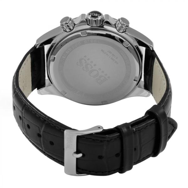 Hugo Boss Ikon chronograph watch caseback showing stainless steel back and leather strap