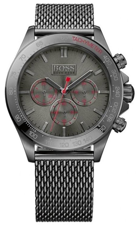 Hugo Boss Ikon chronograph men's watch with grey dial, red chronograph hands, mesh strap