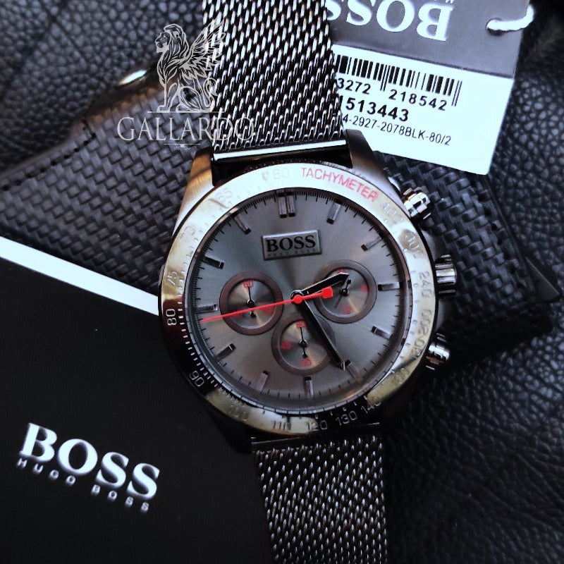 Hugo Boss Ikon chronograph watch with product packaging and authentication card