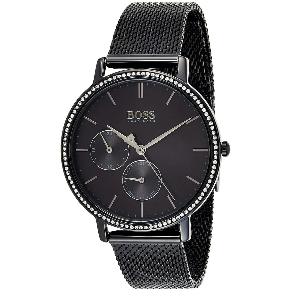 Hugo Boss Infinity women's watch with black dial, two subdials, and mesh bracelet at angle