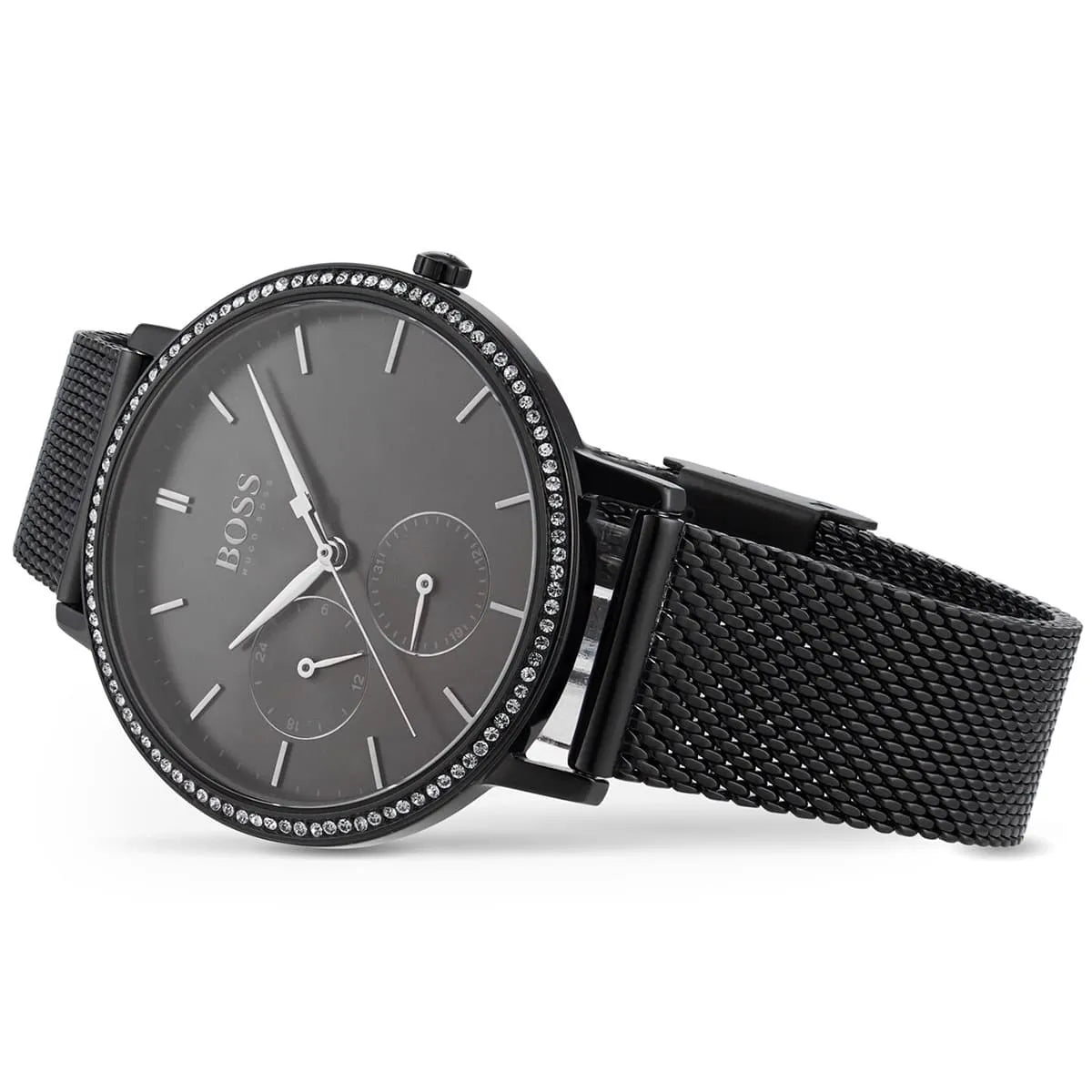 Hugo Boss Infinity women's watch with black mesh band, top view detail