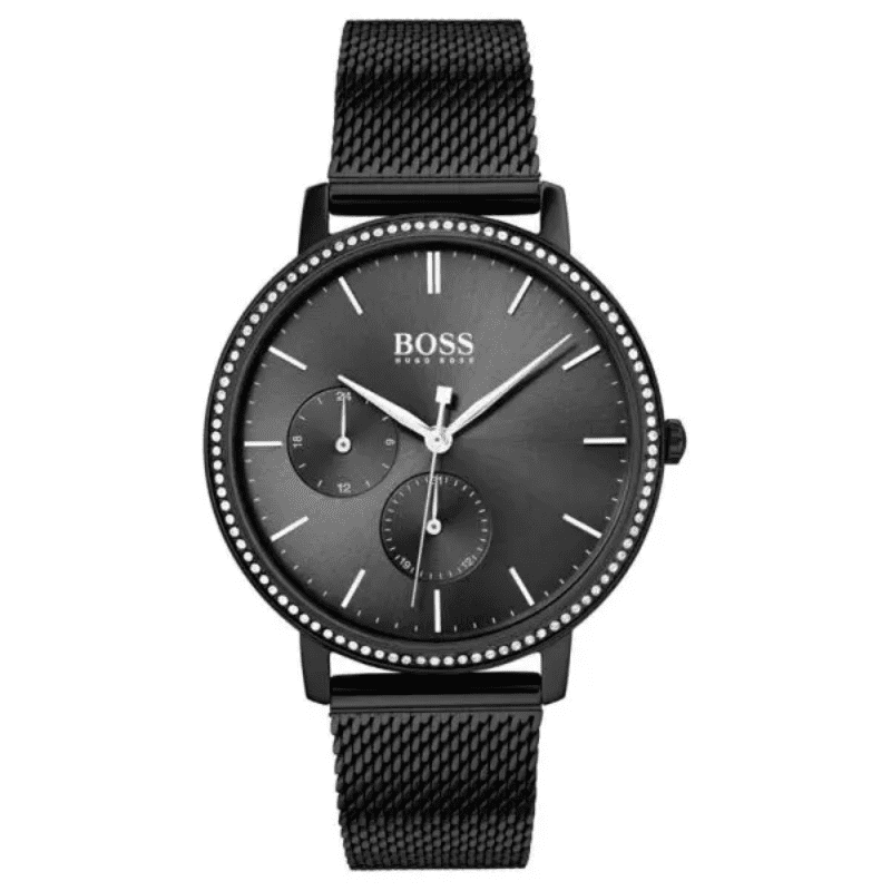 Hugo Boss Infinity black dial watch with crystal bezel and black mesh bracelet, front view
