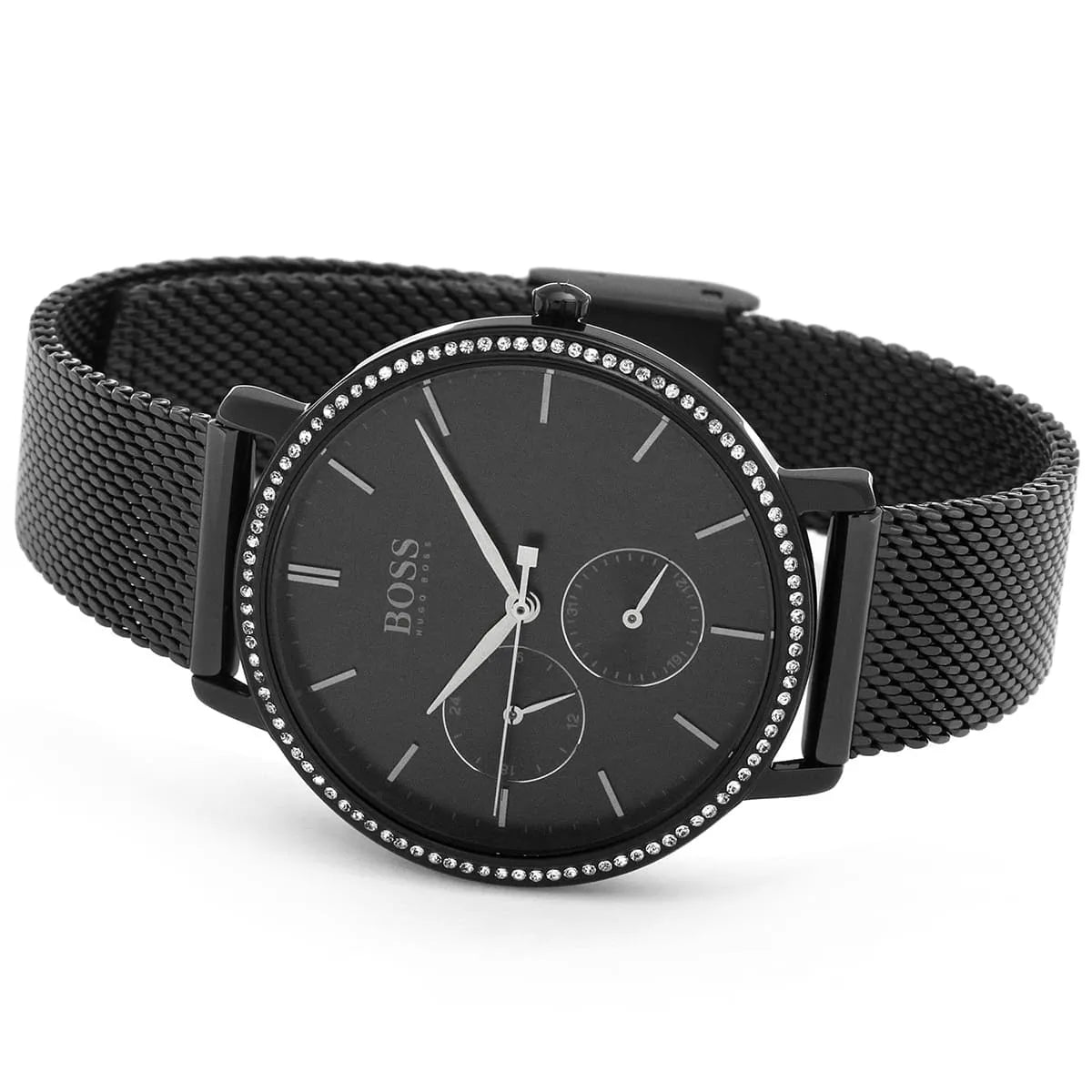 Hugo Boss Infinity black dial watch on wrist with mesh bracelet