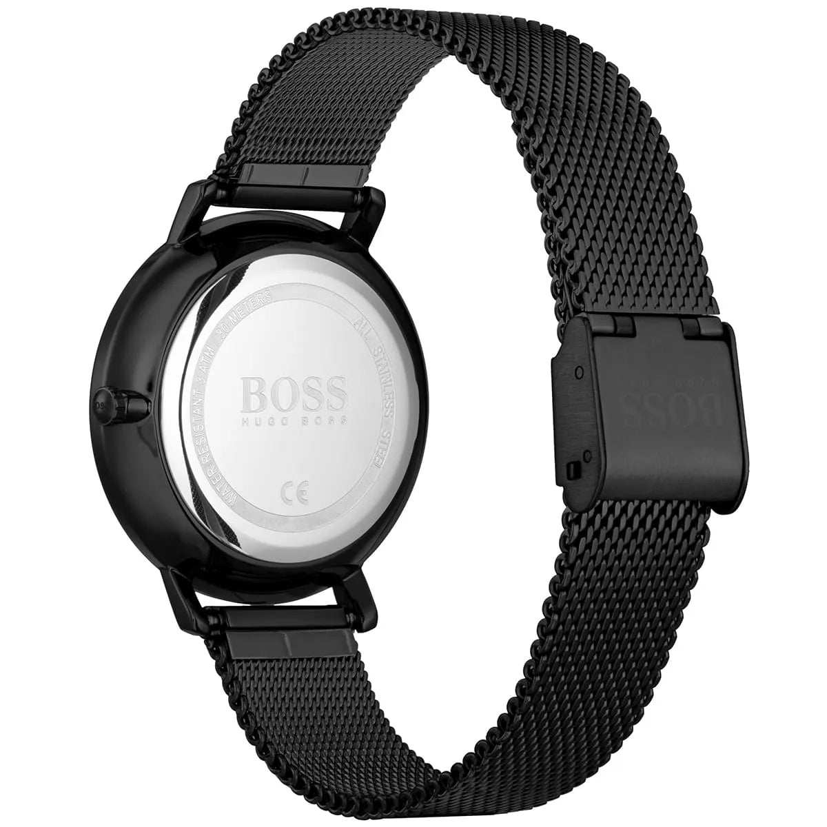 Hugo Boss Infinity watch side view showing black mesh bracelet and case profile