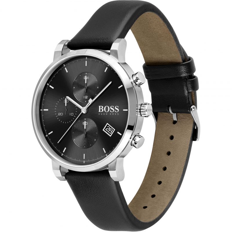 Hugo Boss Integrity watch shown at angle with black leather strap and tan suede lining visible