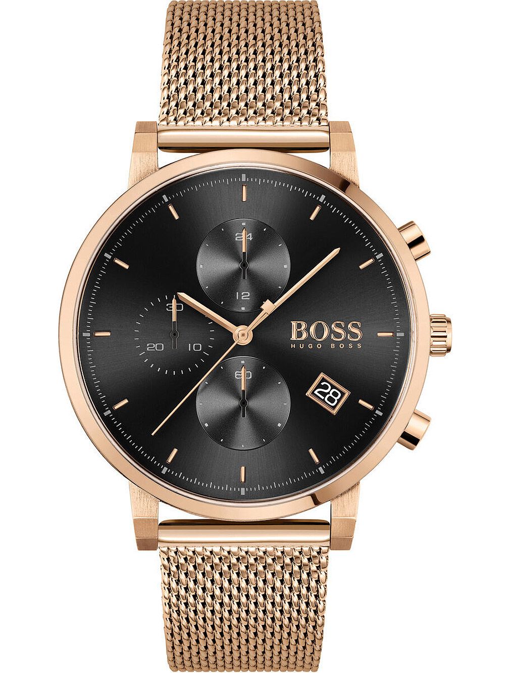 Hugo Boss Integrity rose gold chronograph watch with black dial and mesh bracelet