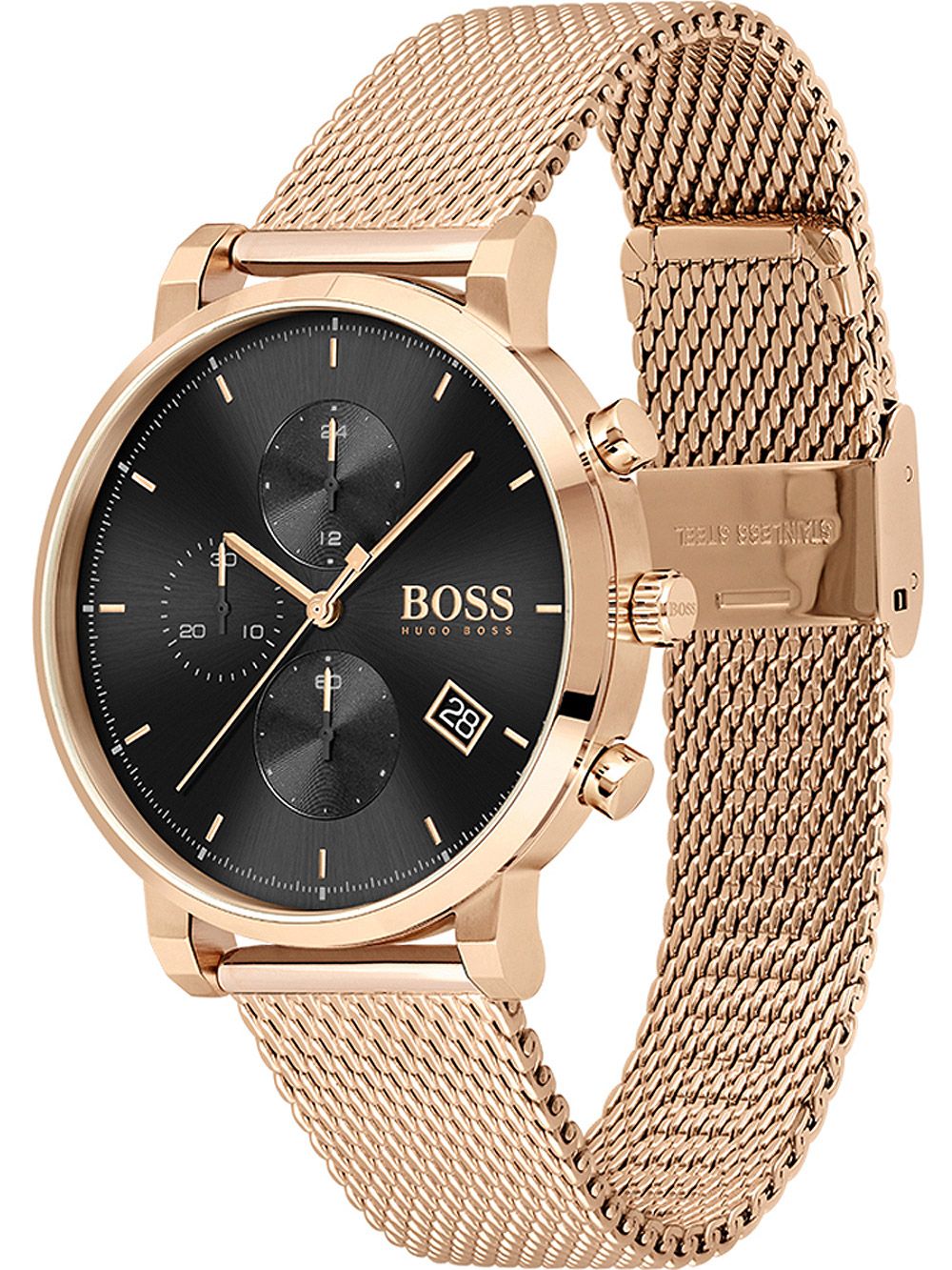 Hugo Boss Integrity rose gold chronograph watch worn on wrist with mesh bracelet