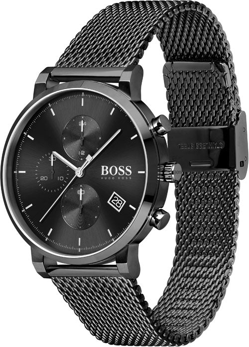 Side angle view of Hugo Boss Integrity watch on wrist with ionic black mesh strap