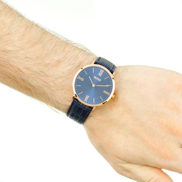 Hugo Boss Jackson watch on wrist showcasing blue dial and croc leather band