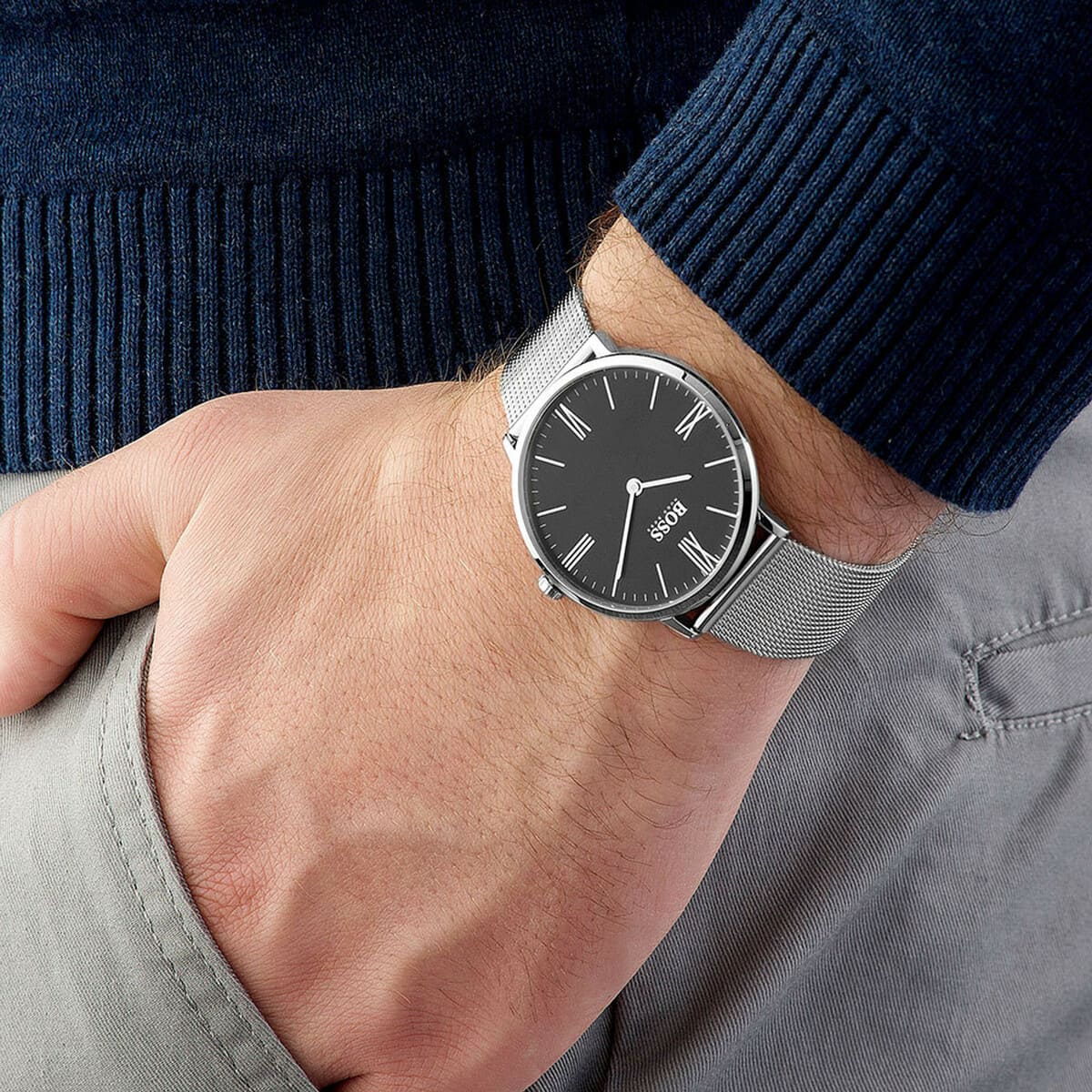Hugo Boss Jackson watch worn with navy sweater and casual clothing
