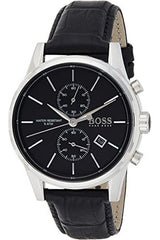 Hugo Boss Jet Chronograph watch worn on wrist, showing black dial and black leather strap