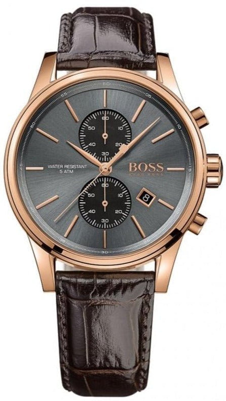 Hugo Boss Jet chronograph watch with gray dial, rose gold case, and brown leather strap