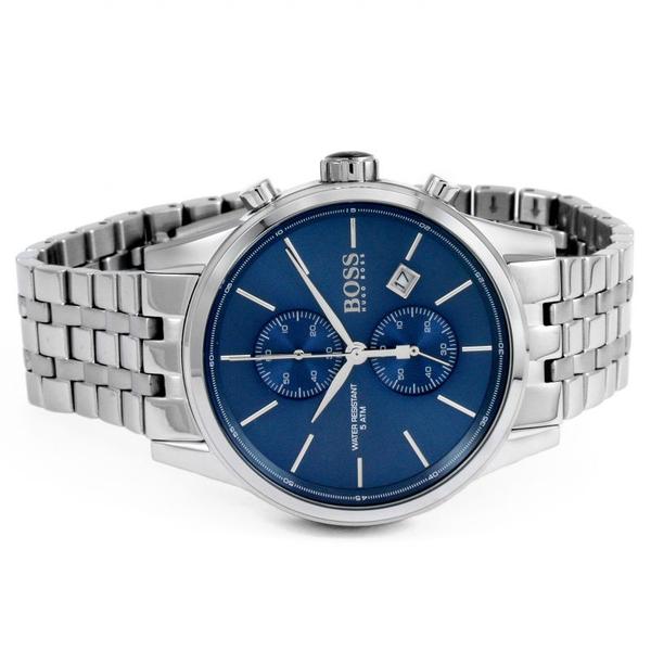 Hugo Boss watch angled view showing blue dial and steel bracelet from side
