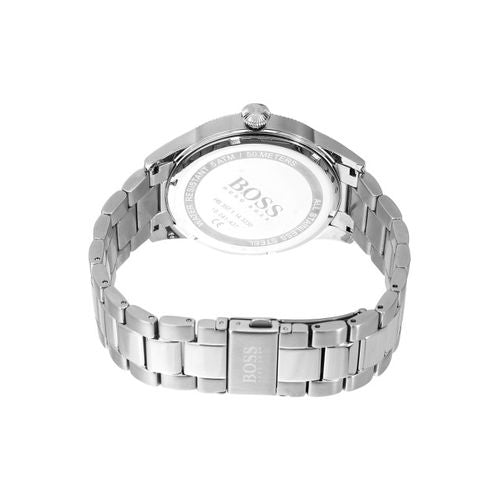 Case back of Hugo Boss Legacy watch showing stainless steel construction