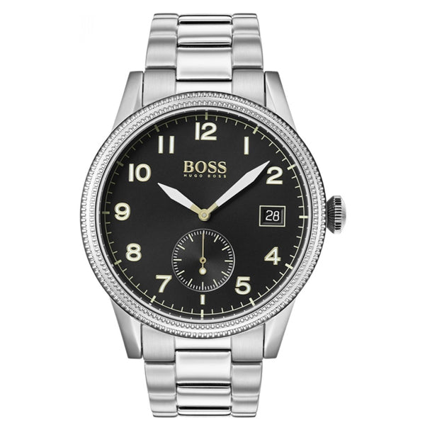 Hugo Boss Legacy black dial men's watch with silver stainless steel bracelet and date window
