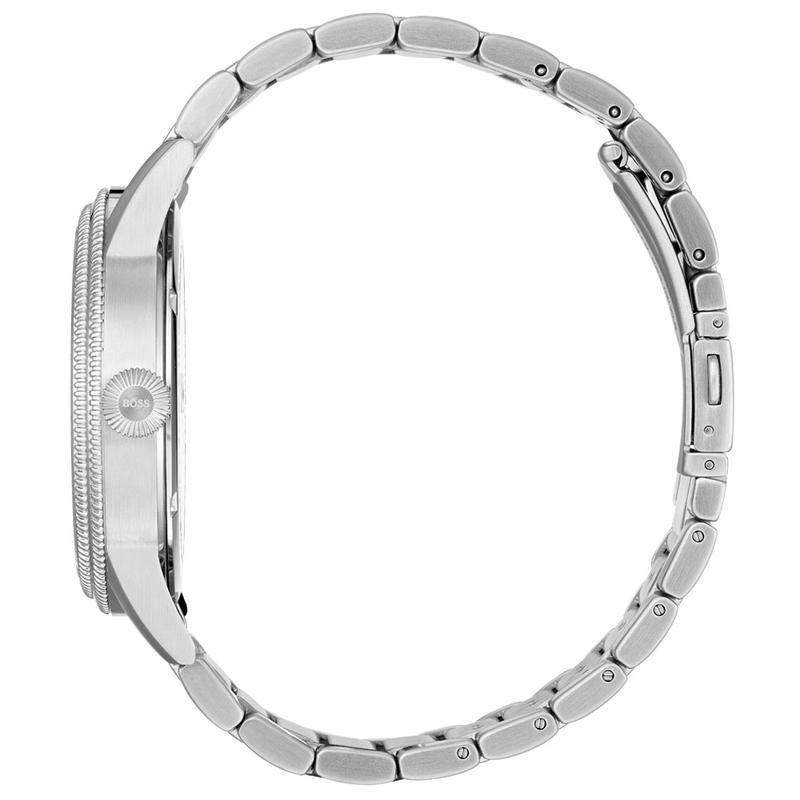 Side profile of Hugo Boss Legacy watch with stainless steel link bracelet