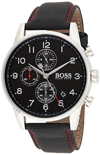 Side angle view of Hugo Boss Navigator chronograph watch showing black leather strap with red stitching