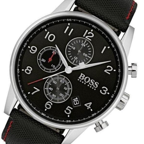 Close-up of Hugo Boss Navigator black dial with three chronograph subdials and white hands