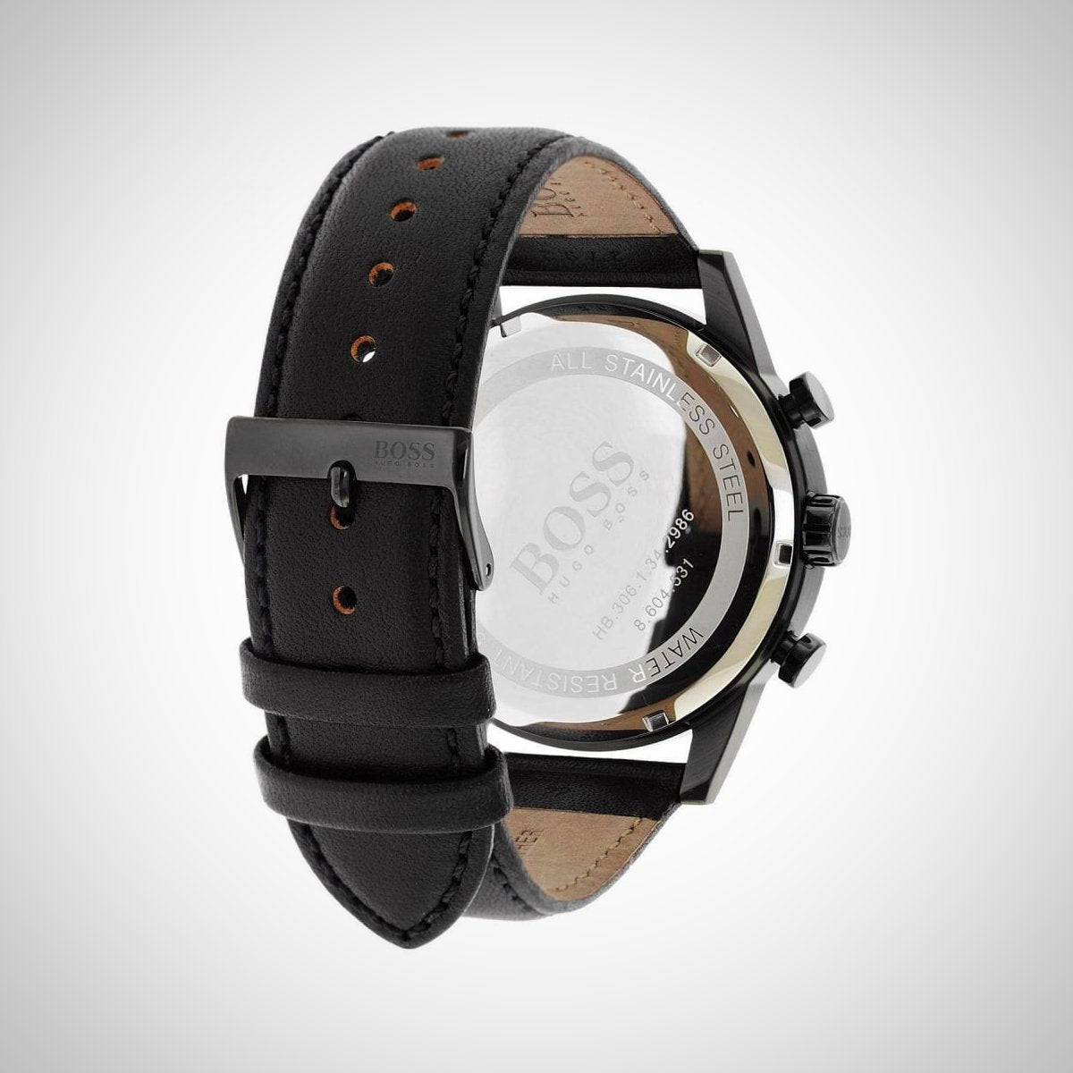 Hugo Boss Navigator watch caseback view showing case design and leather strap