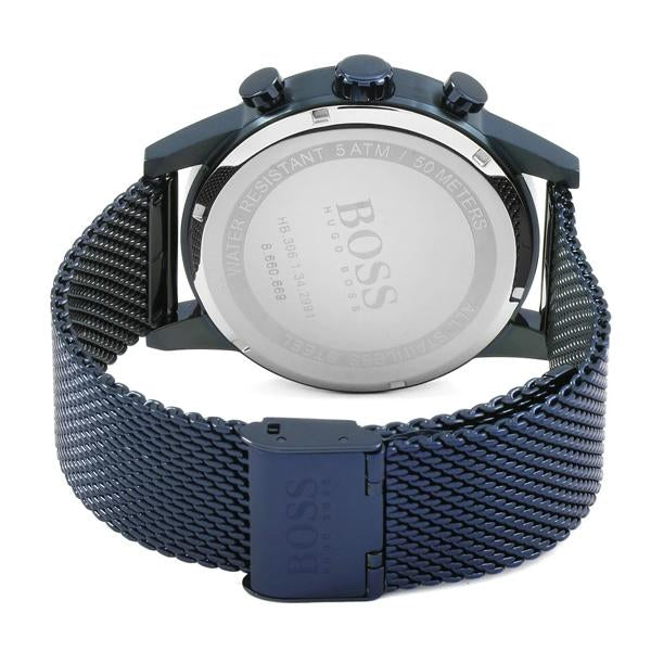 Case back of Hugo Boss Navigator GQ watch showing stainless steel with BOSS branding and specifications