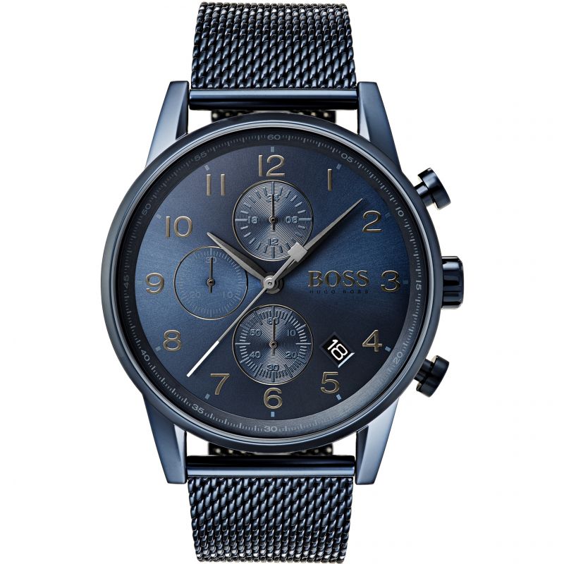Hugo Boss Navigator GQ Edition chronograph watch with blue dial, mesh strap, and chronograph subdials