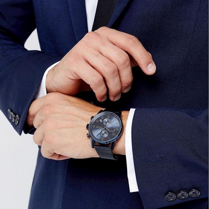 Hugo Boss Navigator GQ chronograph watch worn on wrist with blue mesh strap