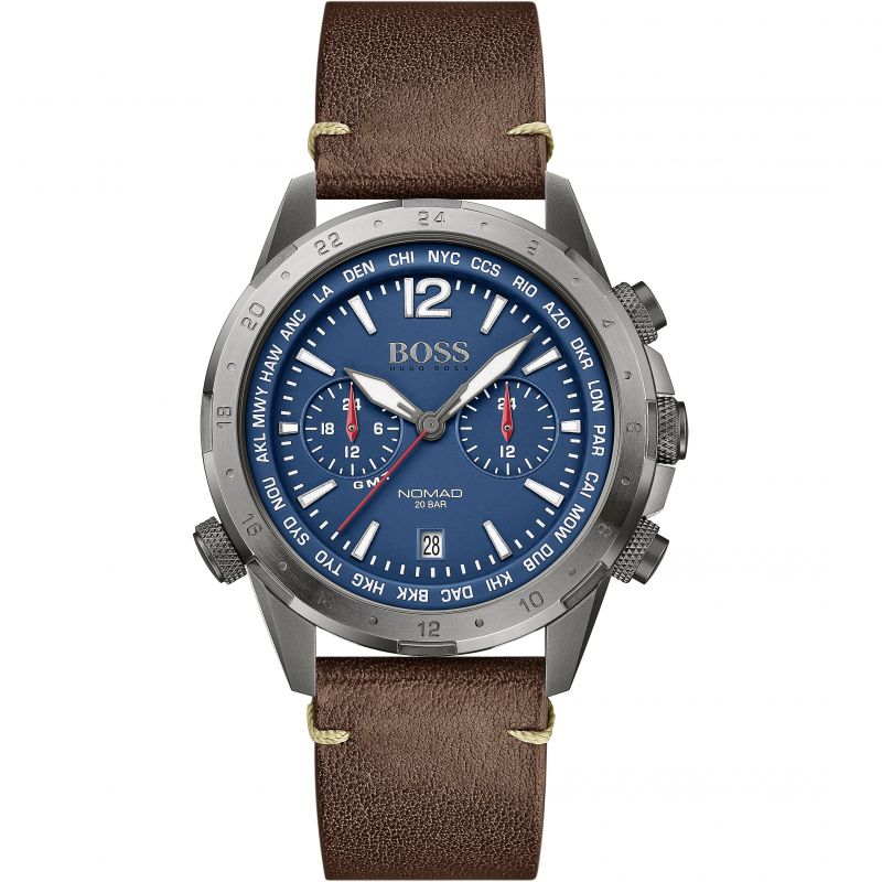 Hugo Boss Nomad GMT men's chronograph watch with blue dial and brown leather strap