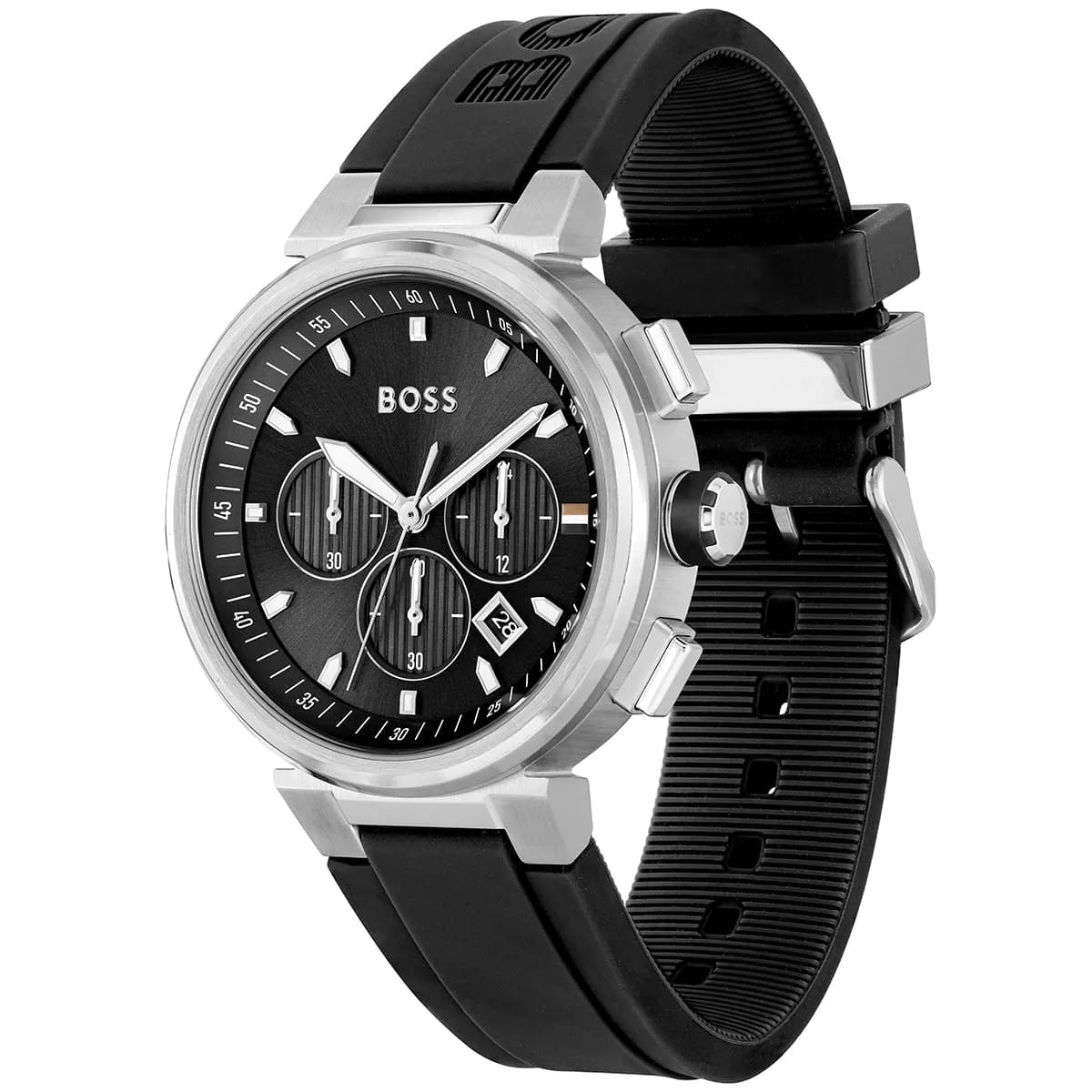 Hugo Boss One chronograph watch at angle showing three subdials, black dial with silver case and black rubber strap