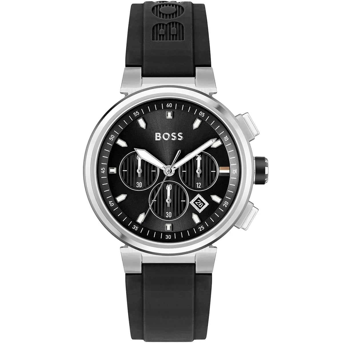 Hugo Boss One chronograph men's watch with black dial, silver stainless steel case, and black rubber strap