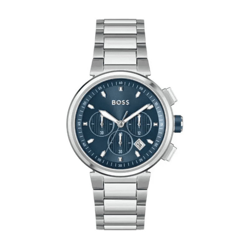 Hugo Boss One chronograph watch with blue dial and silver steel bracelet