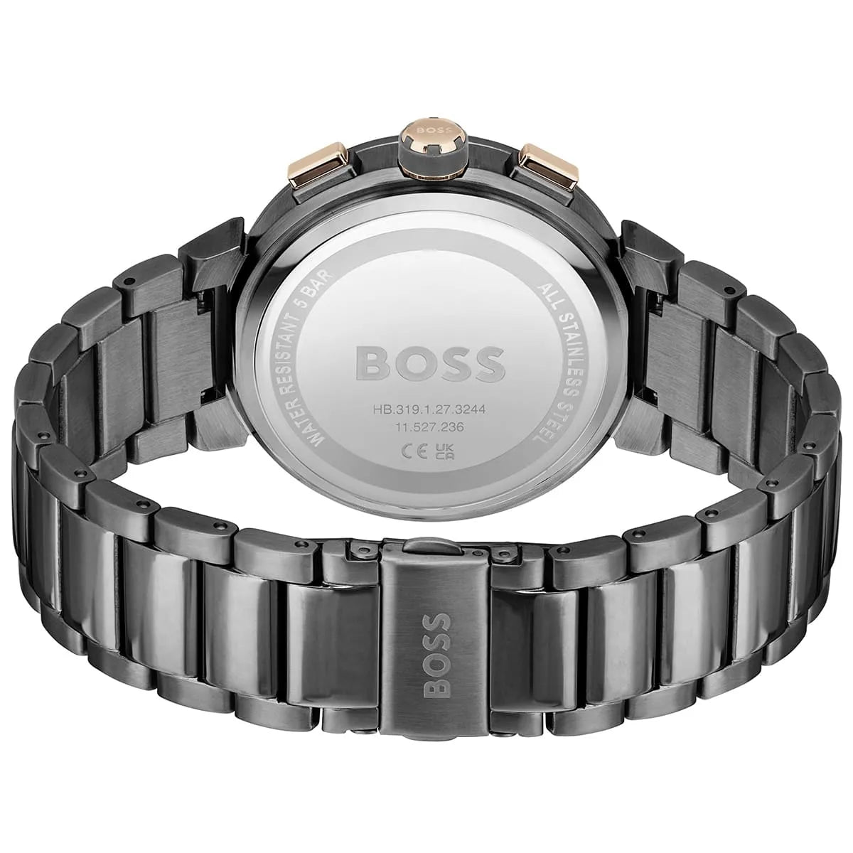 Hugo Boss ONE watch caseback showing grey steel strap and BOSS branding