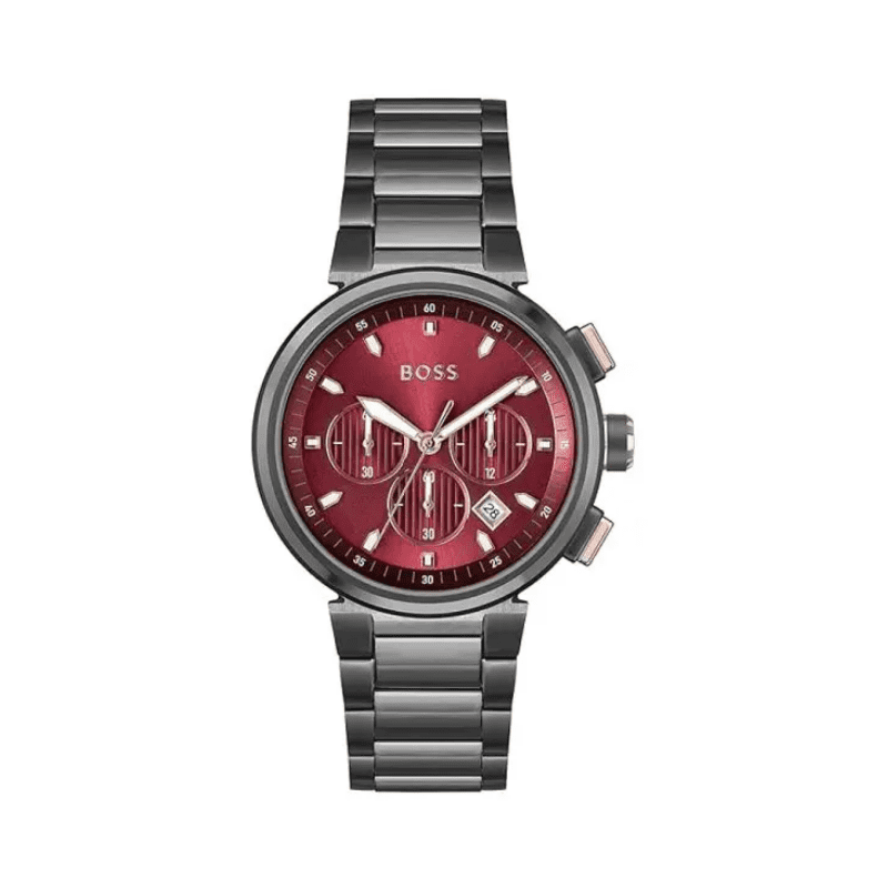 Hugo Boss ONE chronograph men's watch with red dial and grey steel strap