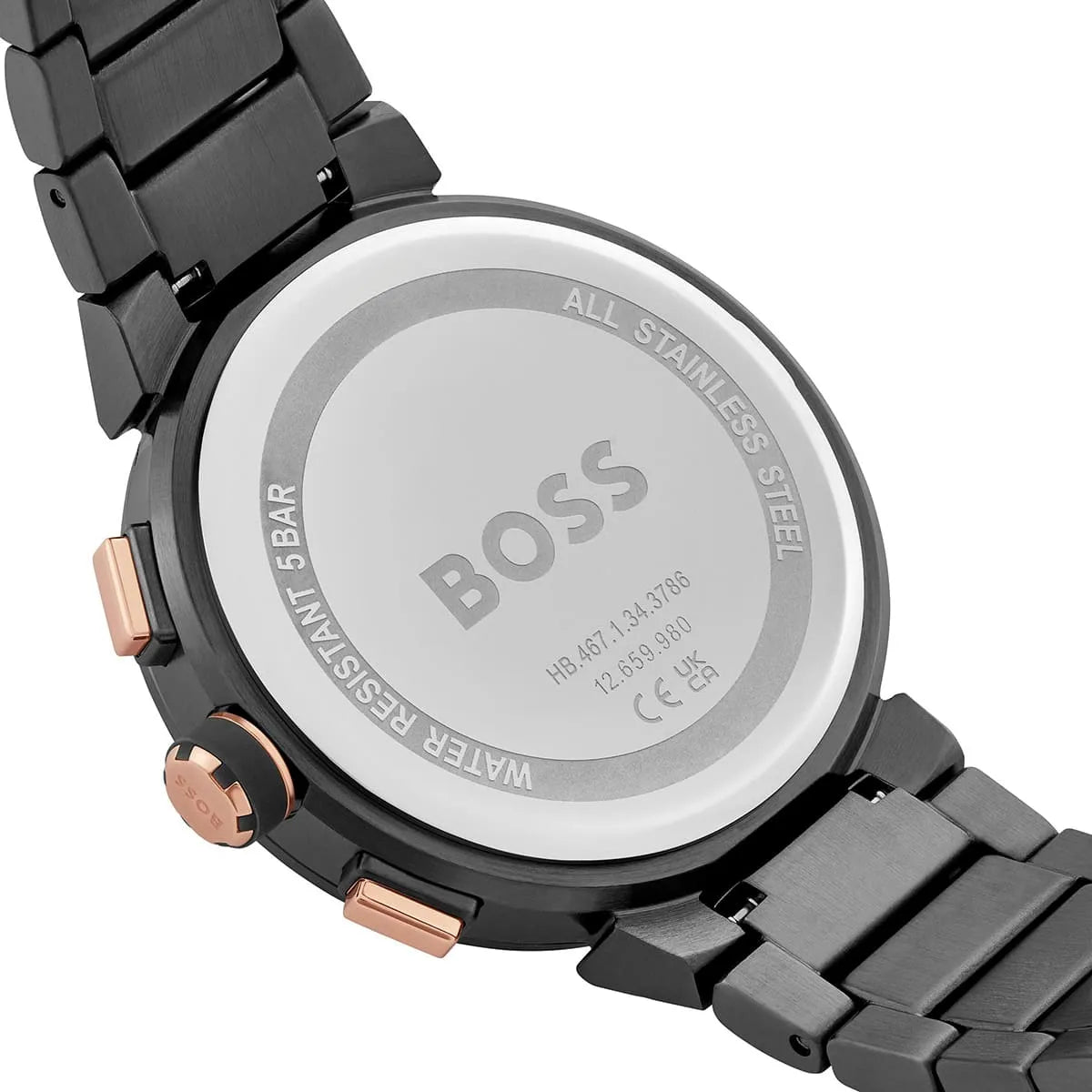 Hugo Boss ONE watch side view showing grey steel case and bracelet with rose gold chronograph pushers