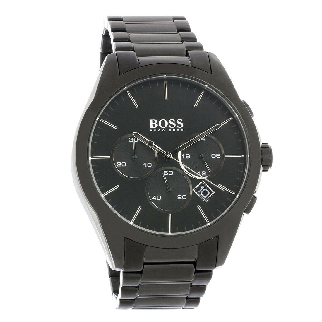 Hugo Boss Onyx black chronograph watch displayed at angle showing dial and bracelet
