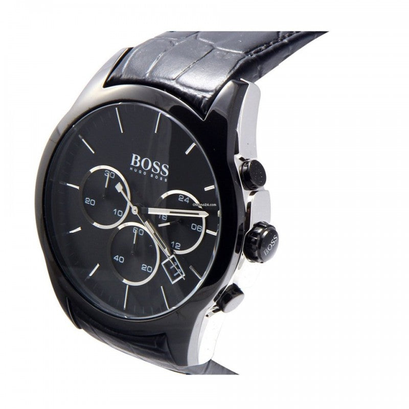Side angle view of Hugo Boss Onyx chronograph watch showing case profile and black leather strap