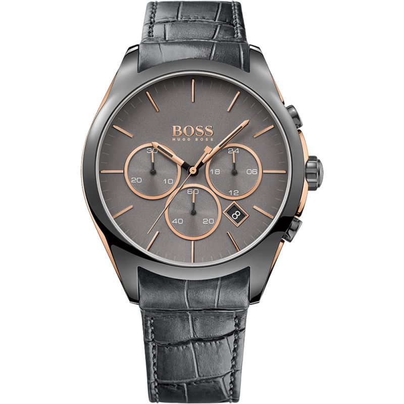 Hugo Boss Onyx Chronograph men's watch with grey dial, rose gold hands and markers, three subdials, and grey crocodile leather strap