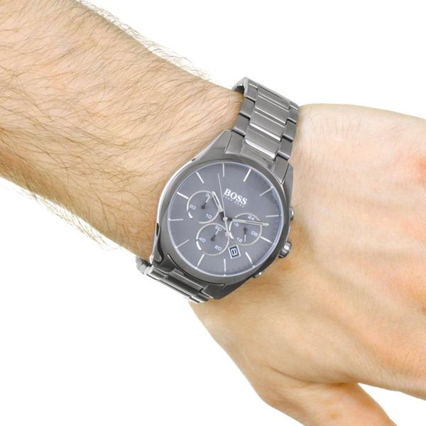 Hugo Boss Onyx grey chronograph watch displayed on wrist showing side angle