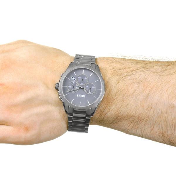 Hugo Boss Onyx chronograph watch worn on wrist showing dial and bracelet