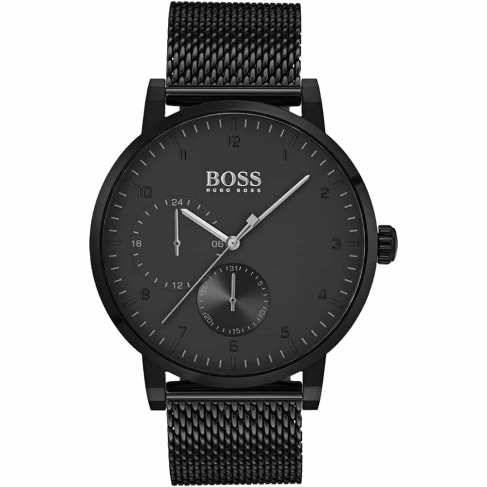 Hugo Boss Oxygen men's watch with all-black sunburst dial, mesh strap, and subdial detail