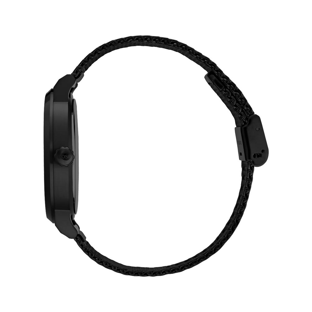 Side view of all-black Hugo Boss Oxygen watch with mesh bracelet