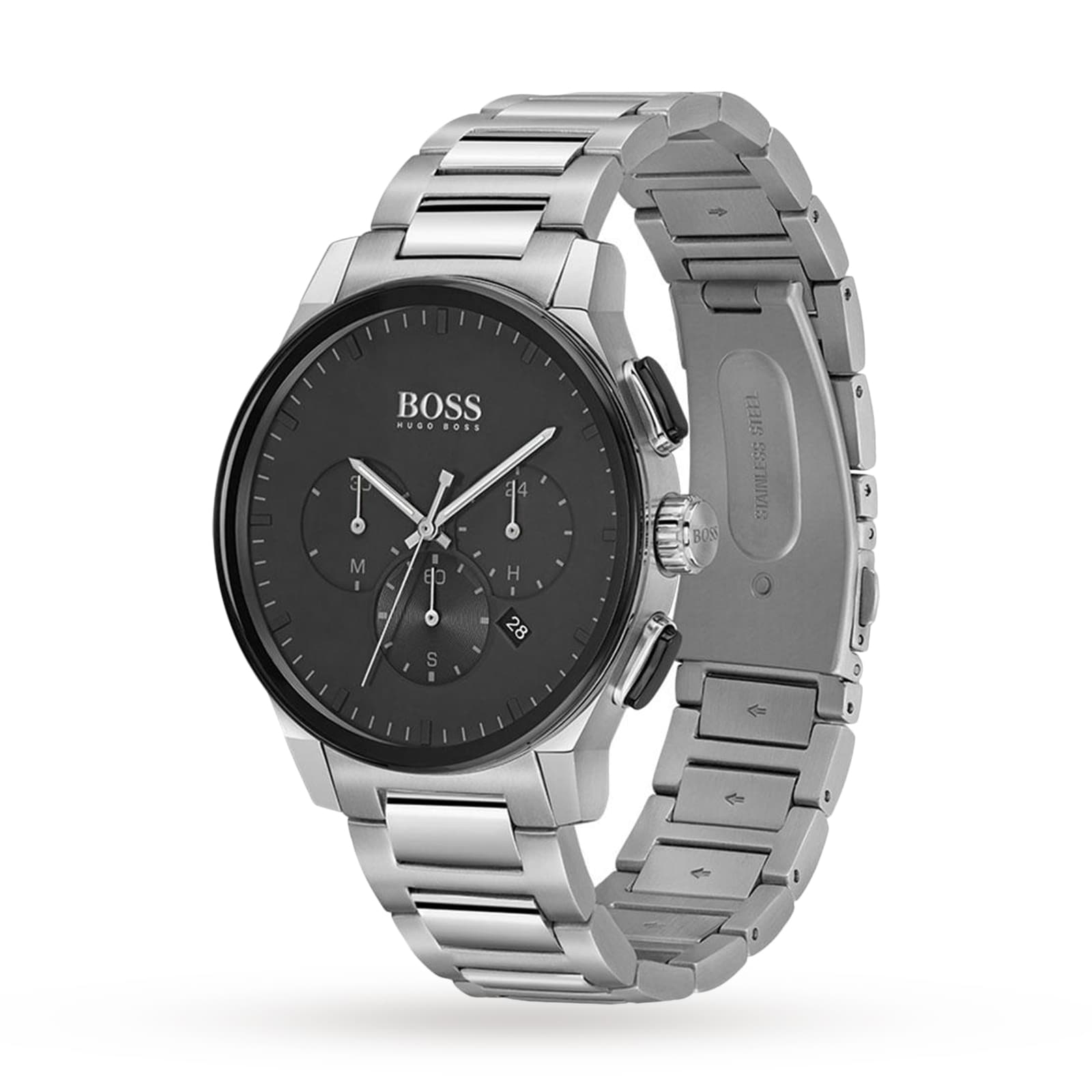 Hugo Boss Peak silver chronograph men's watch side view showing steel bracelet