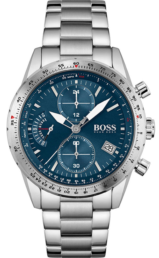 Hugo Boss Pilot Edition Chronograph men's watch with blue dial and stainless steel bracelet